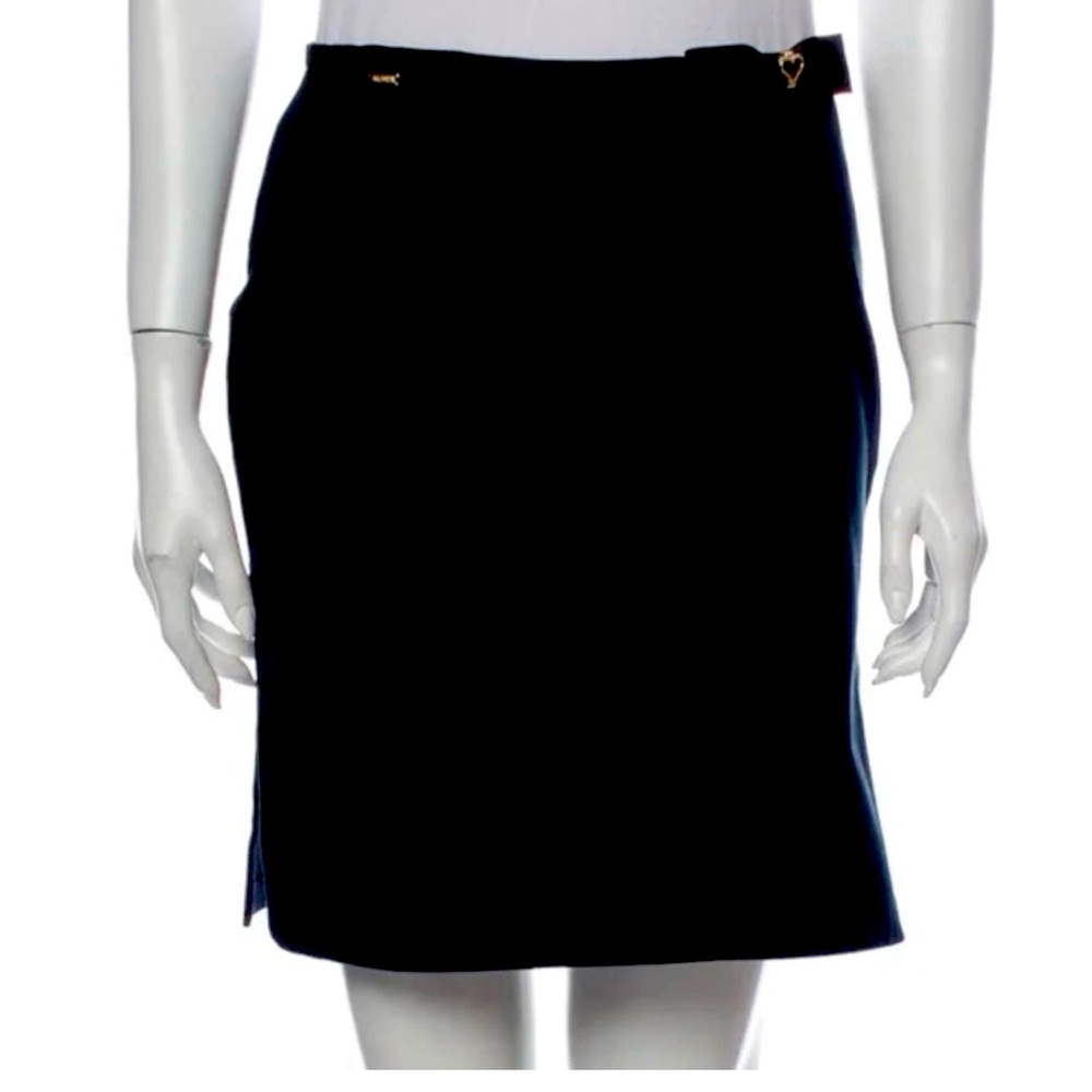 St. John Sport Skirt black bow accent mini skirt gold hardware sides slit